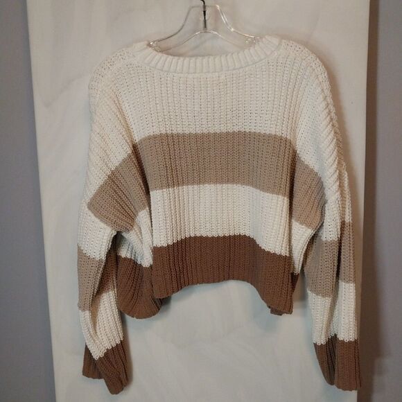 Women's Sweater Sz M Cropped Colorblock Striped Oversized Chunky Warm Cozy Cute - Picture 10 of 10